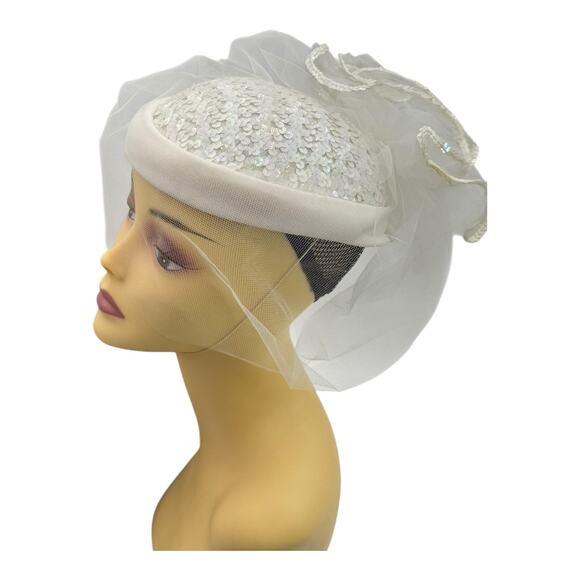 Vintage White Off-white Hat W/ Netting Sequins Classic Pillbox Wedding Chic 60’s main image 14